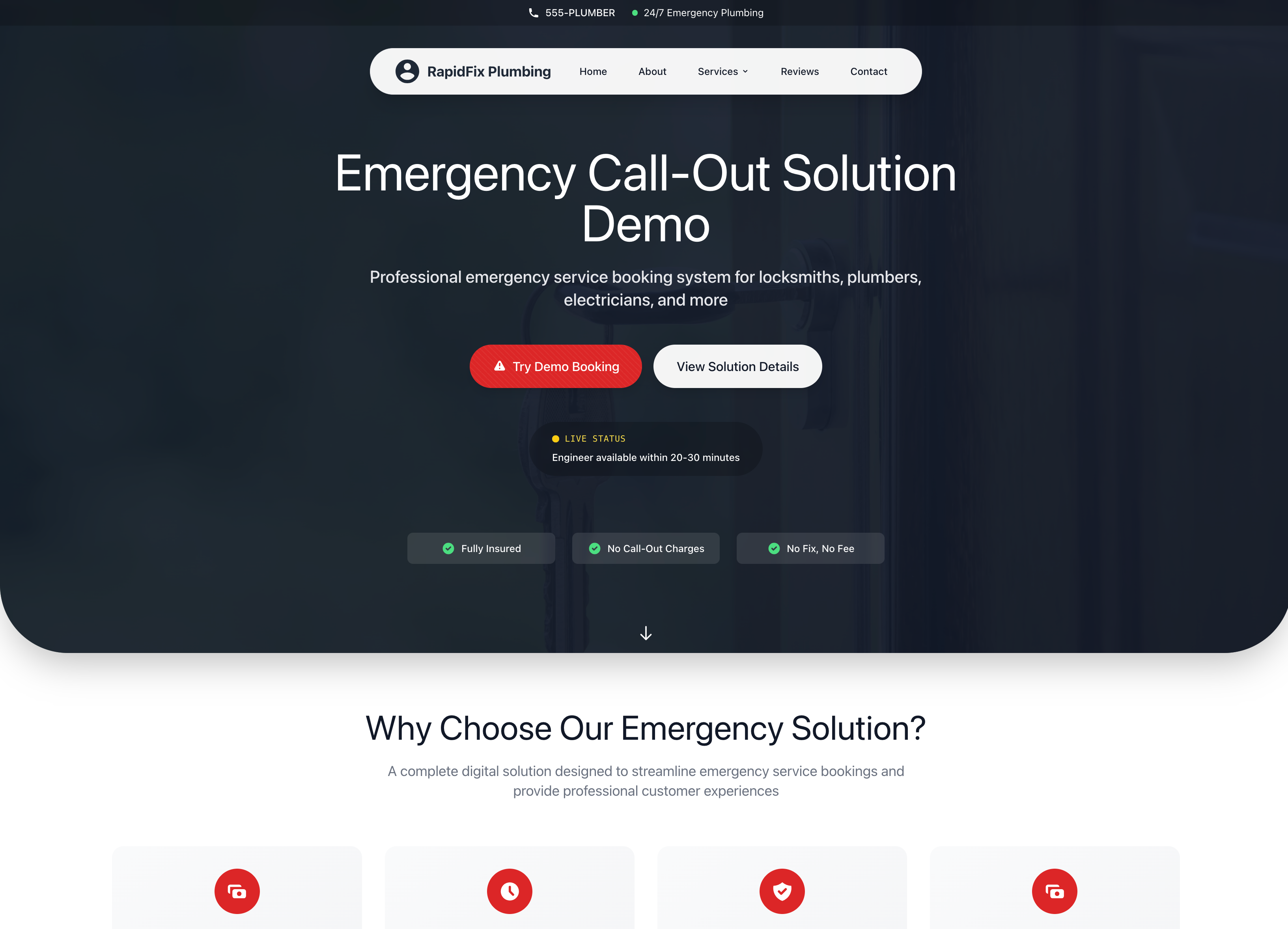 Emergency service website dashboard showing real-time callouts and dispatch management