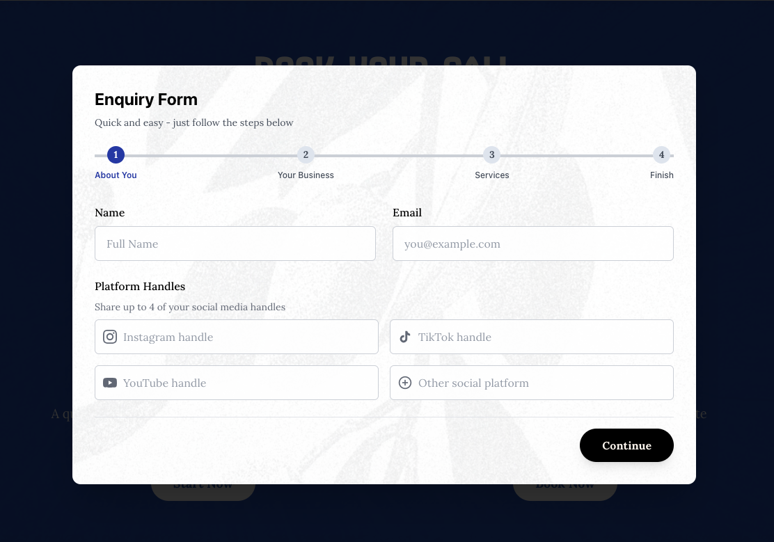 Multi-step lead qualification form for social media management agencies
